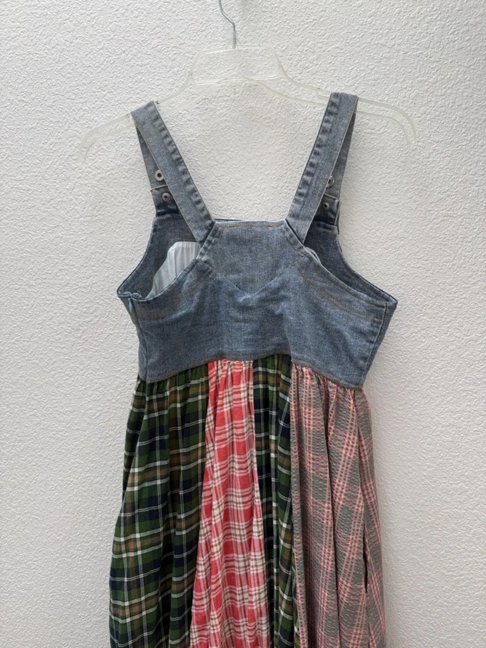 Ces Femme Denim Bodice Patchwork Plaid Maxi Dress - Green & Pink size Small - Picture 8 of 11